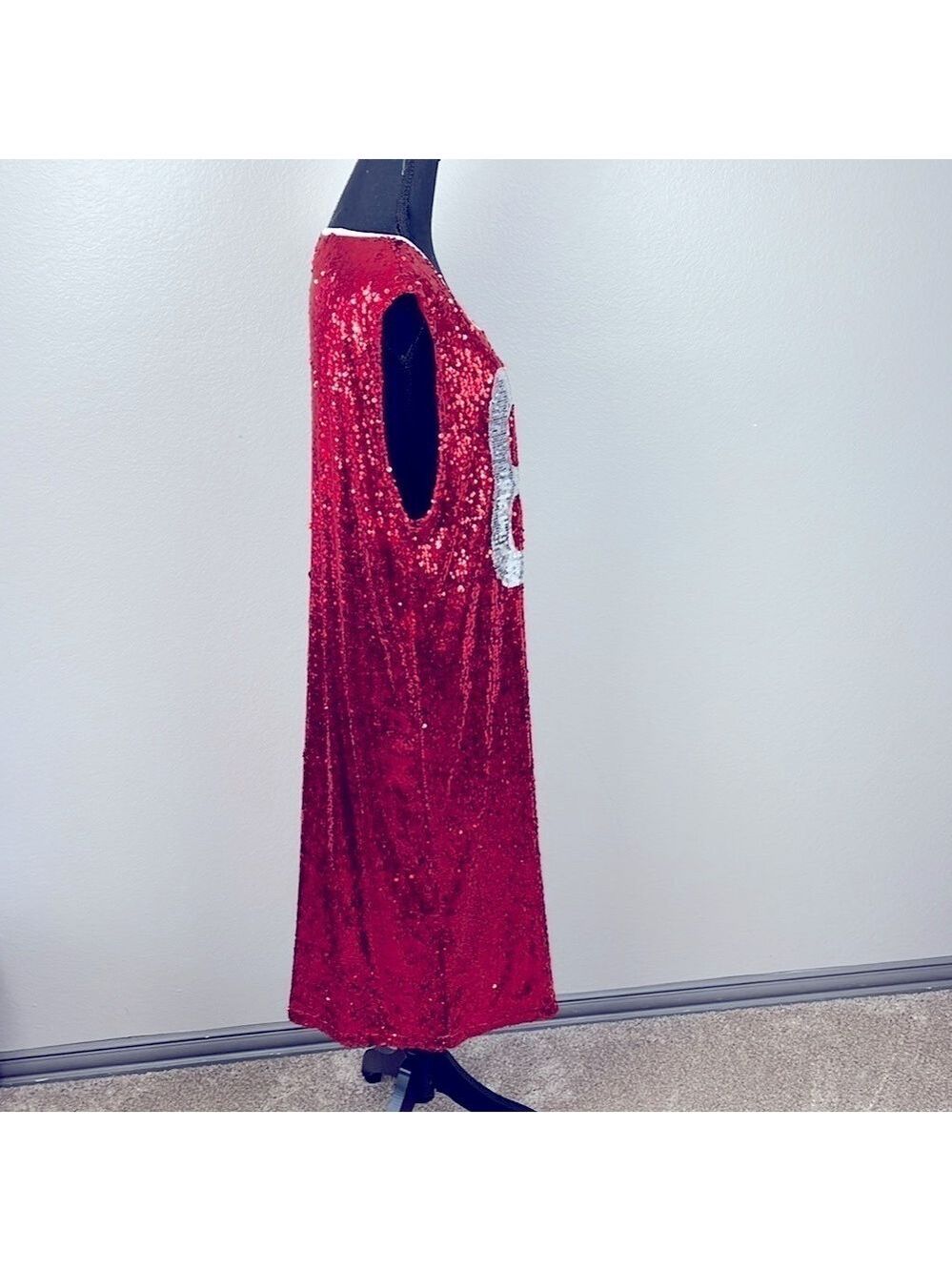 Liquor N Poker Sequin Dress 12 Red/Silver Sleeveless Football Jersey Midi 88 - Picture 7 of 12